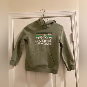 Under Armour Hoodie Olive Green Sweatshirt Mountain Logo Graphics Boys Sz 6